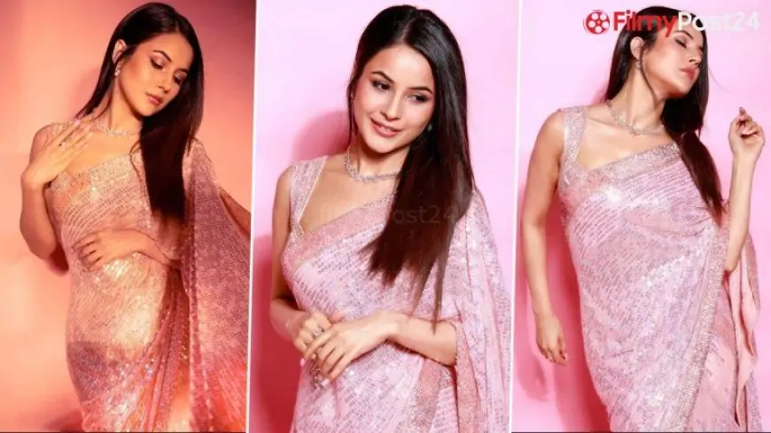 Shehnaaz Gill Looks Graceful In This Blush Pink Sequin Saree! Check Out Her Stunning Pictures Here