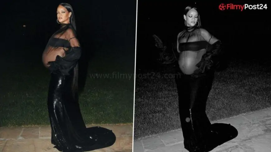 Rihanna Flaunts Her Attractive Babybump in a Black Mesh Gown on the Oscars 2022 After-Get together (View Pics)