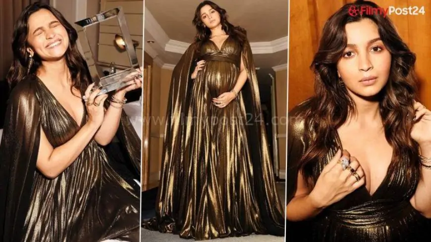 Mom-to-Be Alia Bhatt Glows in a Shiny Cape-Themed Golden Gown by Gauri & Nainika (View Pics)