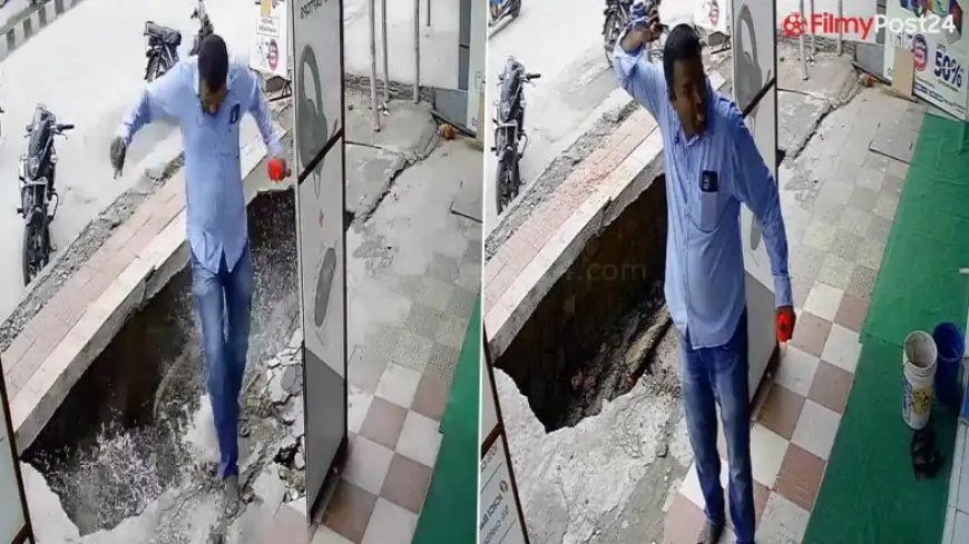 WATCH: Lucky Man Escapes Dangerous Accident As Concrete Footpath Tumbles Down Under Him in Viral Video! 