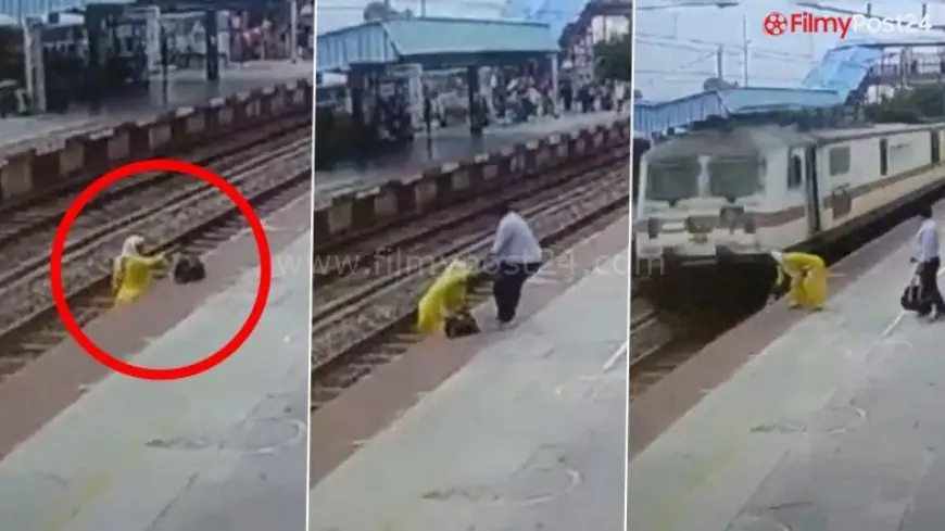 Video: Woman Crossing Railway Line Saved By RPF Personnel From Getting Crushed Under Wheels of Speeding Train in UP’s Firozabad